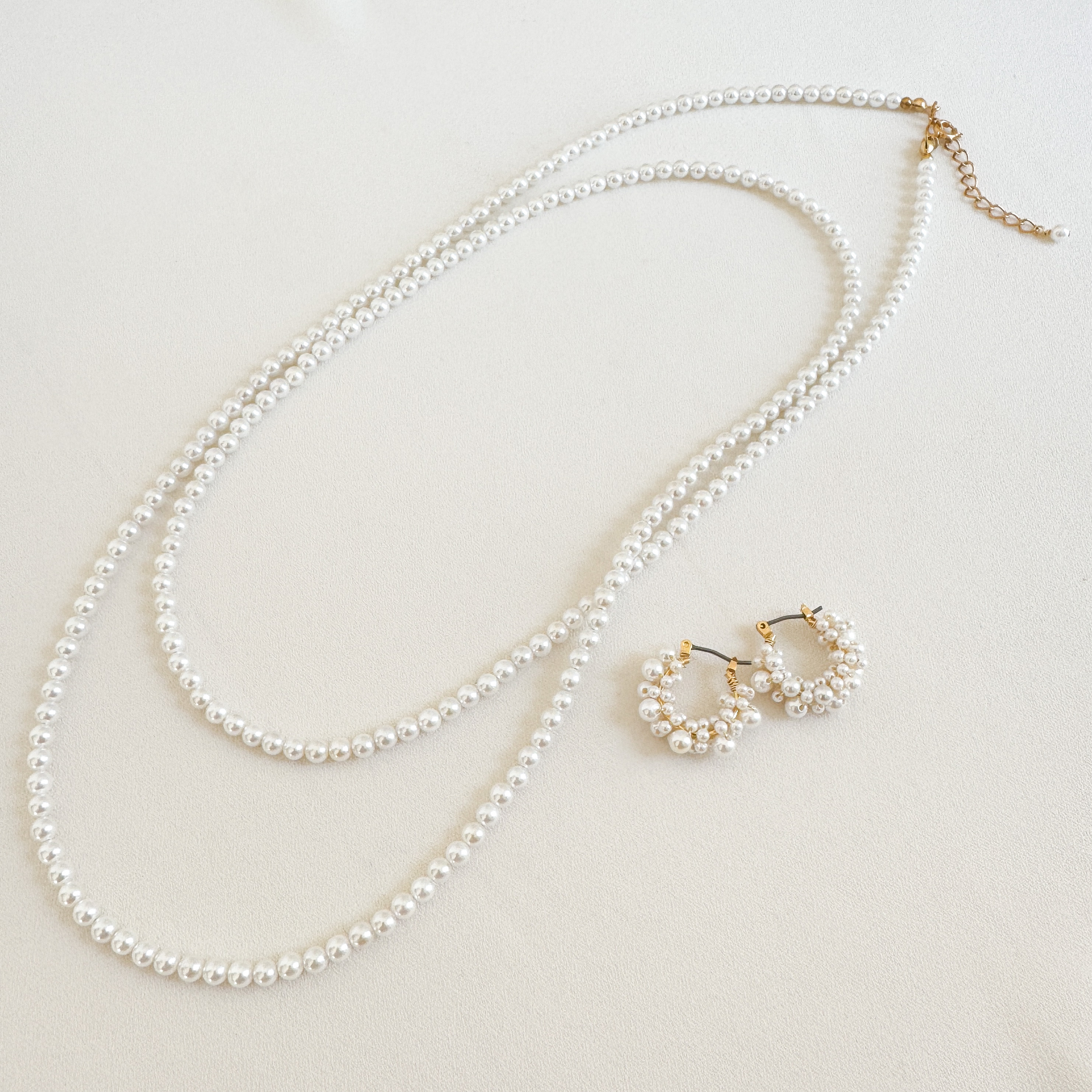 【国産貝パール】フープピアス/イヤリング＆ロングネックレス100cm〈ゴールド〉